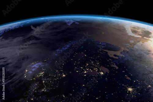 Planet Earth Nordic Europe night view on horizon from space. Elements of this image furnished by NASA.