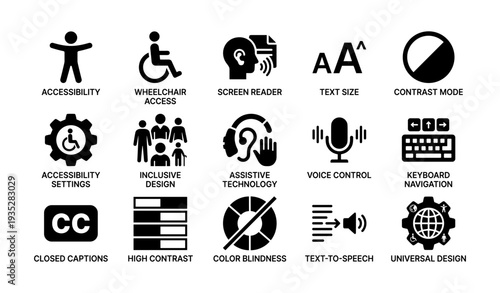 Accessibility icons: universal design, assistive technology, inclusive communication