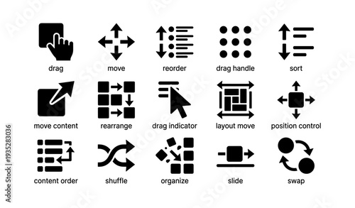 Set of 16 user interface icons for drag, move, reorder, and control functions