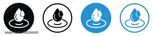 Liquid drop icon with a ripple effect. Represents water conservation, environmental purity, hydration, or chemical solutions. Minimalist black and blue circular icons.