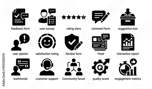 Interactive user feedback icons: surveys, ratings, comments, support, community engagement