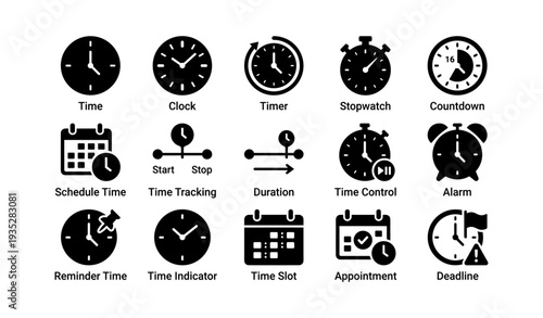 Time management icon set: clocks, timers, and calendars