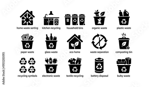 Eco-friendly waste management icons: recycling, composting, and waste separation guide
