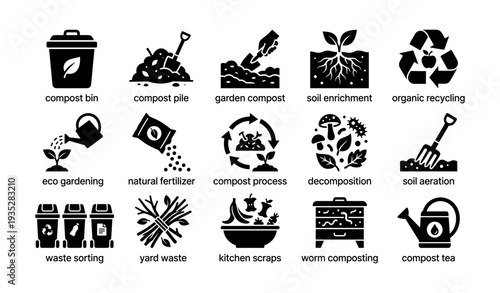 Eco-friendly icons for composting and recycling processes
