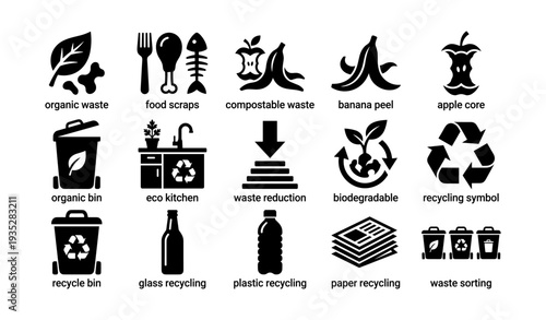 Recycling and waste management icons: organic, compostable, biodegradable, plastic, glass