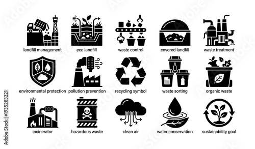 Waste management icons: eco landfill, recycling, conservation, pollution, hazardous waste