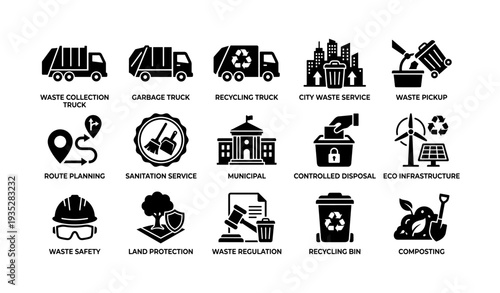 Comprehensive waste management icons for urban and environmental services
