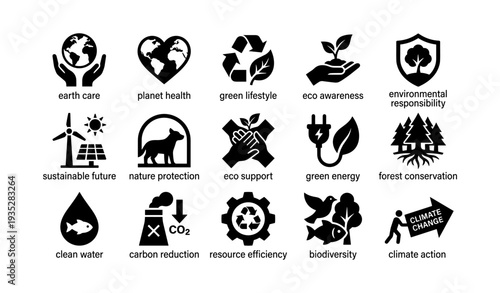 Eco symbols: earth care, green lifestyle, sustainable future icons