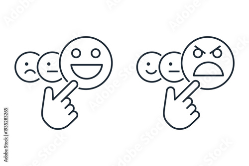 User interface icons designed to measure user satisfaction. Expressions of feedback, "happy" or "angry". Vector linear illustration isolated on white background.