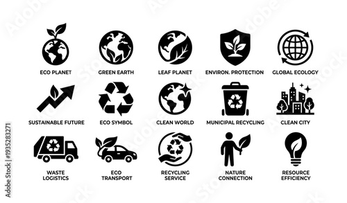 Eco-friendly icons: recycling, sustainable energy, green earth, clean city, environmental protection