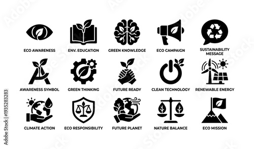 Icons representing eco awareness and sustainability initiatives