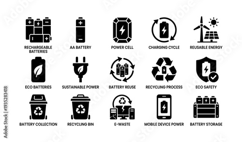 Sustainable energy icons: eco batteries, recycling, renewable power graphics
