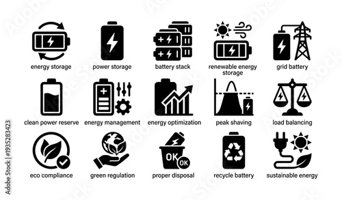 Energy storage solutions icons: battery, renewable, grid, sustainability