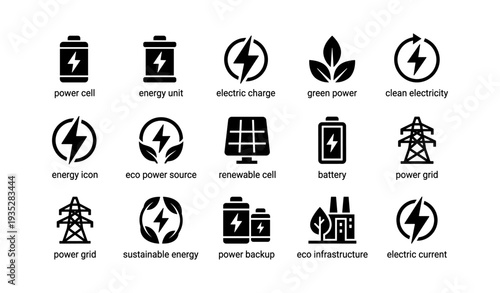Set of energy icons including power cell, electric charge, and renewable energy sources