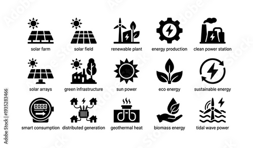 Renewable energy icons set: solar, wind, geothermal, biomass, tidal symbols