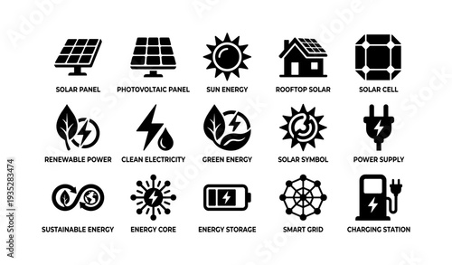Solar and renewable energy icons: panels, cells, power, and storage solutions