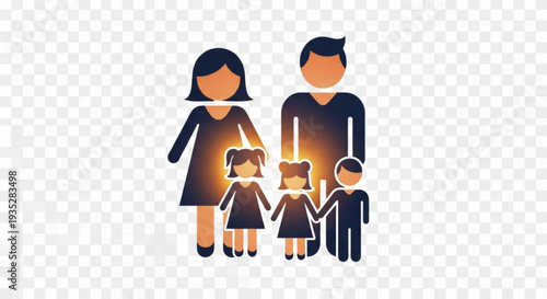Family illustration with parents and children standing together in a warm embrace on transparent background