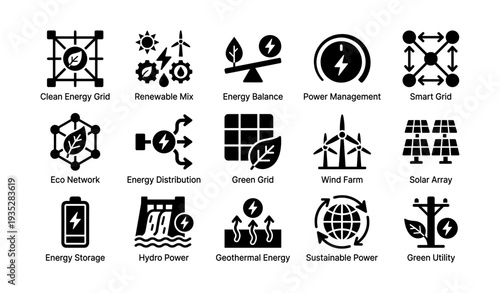 Sustainable energy icons: renewable, power management, green grid, solar, wind