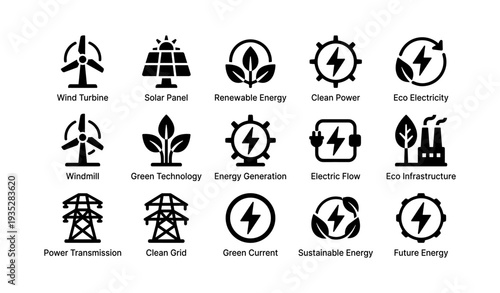 Renewable energy icons: wind, solar, clean power, green technology, sustainability