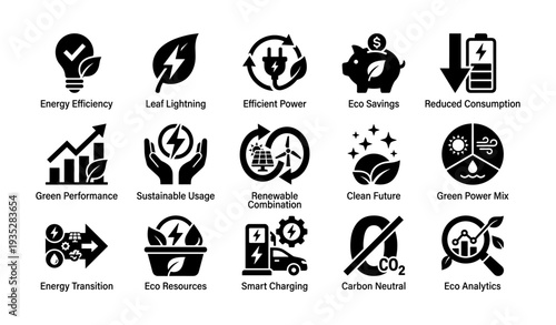 Eco symbols: energy efficiency, renewable solutions, sustainable usage icons