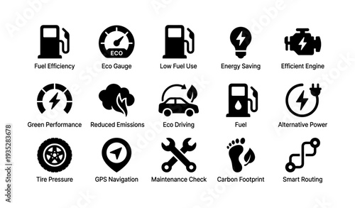 Fuel efficient vehicle icons: eco, emissions, energy saving, alternative power, gps