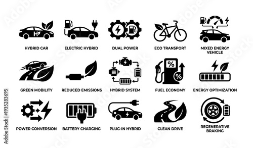 Eco-friendly vehicle technology icons: hybrid, electric, and sustainable transportation concepts