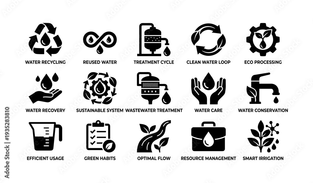 Obraz premium Water conservation icons: recycling, treatment, efficiency, sustainable systems, eco processing