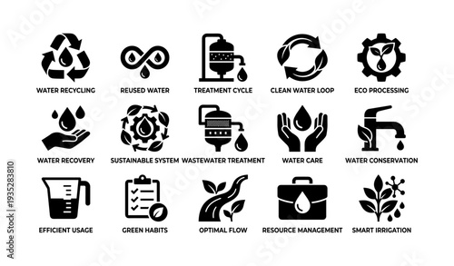 Water conservation icons: recycling, treatment, efficiency, sustainable systems, eco processing