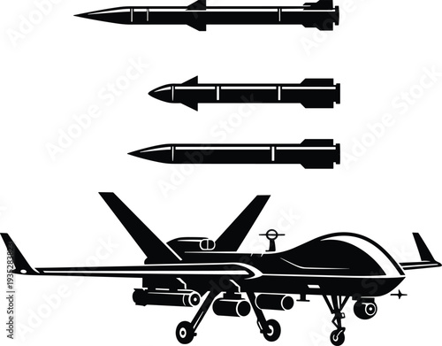 Military Drone and Missile Silhouette Vector Illustration Set Isolated on White Background, Modern UAV Combat Aircraft and Rocket Weapons Design