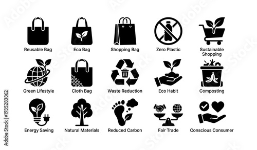 Eco-friendly shopping icons: reusable bags, zero plastic, and sustainable practices