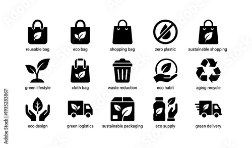 Eco-friendly icons set: reusable bags, sustainable shopping, green lifestyle, recycling symbols