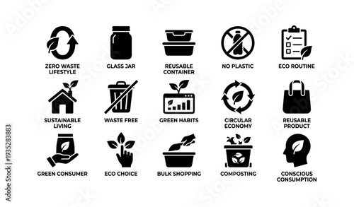 Eco-friendly icons: zero waste, reusable, sustainable, composting, conscious consumption