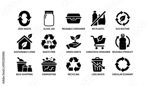 Zero waste icons: sustainability, recycling, eco living, green habits, conscious consumer