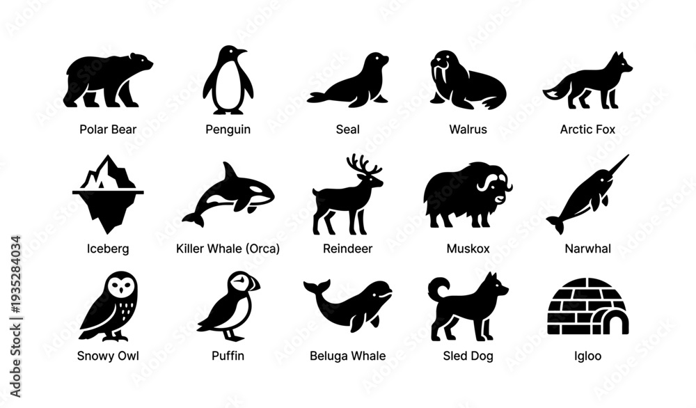Fototapeta premium Silhouettes of arctic animals: polar bear, penguin, seal, walrus, and more