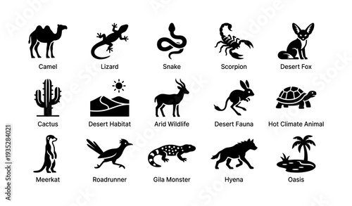 Desert animals and plants: icons of camel, lizard, snake, scorpion, cactus