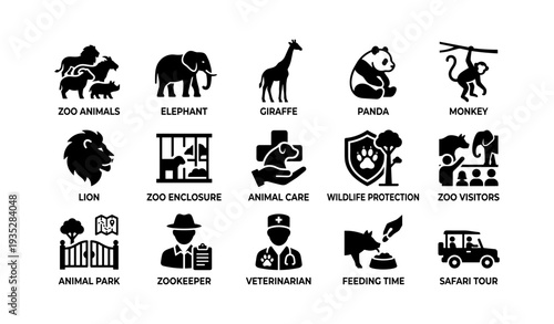 Zoo animals icons: elephant, giraffe, panda, wildlife protection