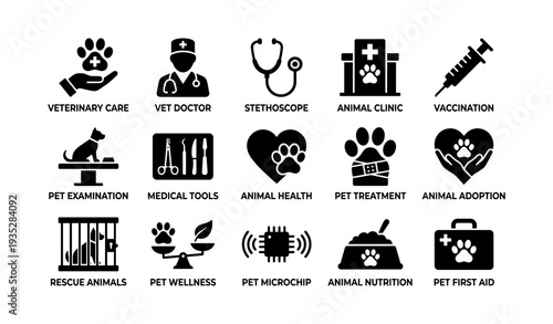 Veterinary symbols: stethoscope, medical tools, pet care icons