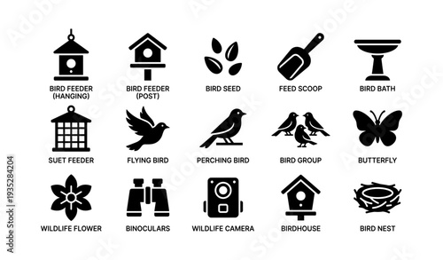 Birdwatching essentials: feeders, seeds, birds, and accessories icons
