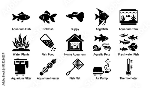 Aquarium fish icons set: goldfish, guppy, angelfish, aquarium tank, accessories