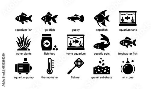 Aquarium essentials icons: fish, tank, accessories, and supplies