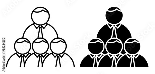 Linear icon. Hierarchy in structure of a business corporation with subordinates and director. Simple black and white vector symbol isolated on white background