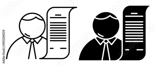 Linear icon. Bank client reads a loan agreement before signing a contract. Simple black and white vector symbol isolated on white background