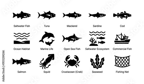 Saltwater fish and marine life icons: tuna, squid, crab, seaweed, fishing net