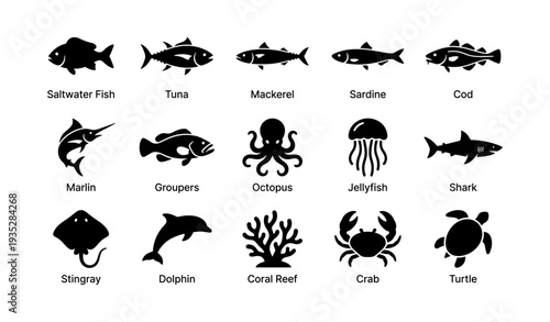 Silhouette icons of diverse marine life including fish, shark, dolphin, octopus, and coral reef