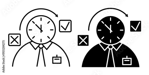 Linear icon. Office worker completing tasks under time constraints to meet a deadline. Simple black and white vector symbol isolated on white background