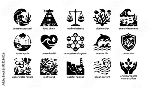 Environmental conservation icons: ocean, marine life, biodiversity, coastal habitat, protection
