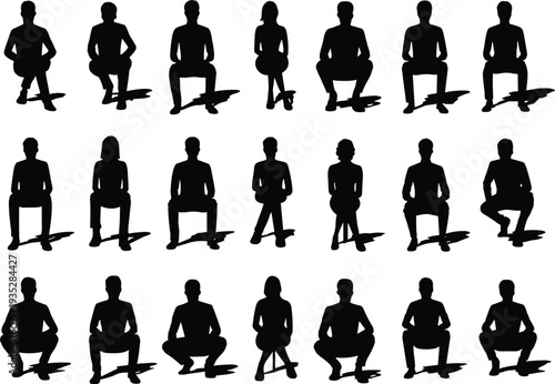 Collection of black silhouette people sitting on chairs in various poses isolated on white background, vector illustration set for design projects and stock use