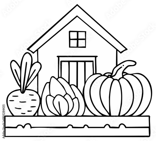 Whimsical outline drawing of a rustic farm stand overflowing with fresh harvest vegetables like a pumpkin and beet