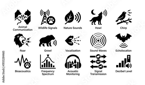 Animal sound communication icons: wildlife signals and bioacoustics visuals