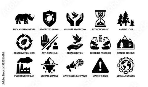 Wildlife conservation icons highlighting endangered species protection and environmental awareness